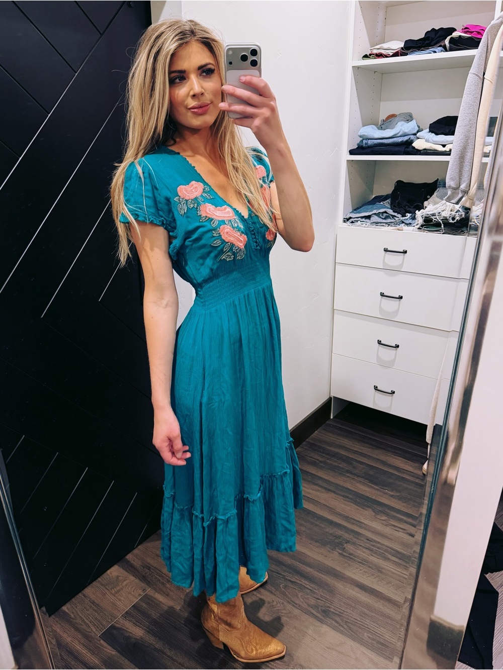 Cleobella Teal Midi Dress with Coral Pink Embroidery